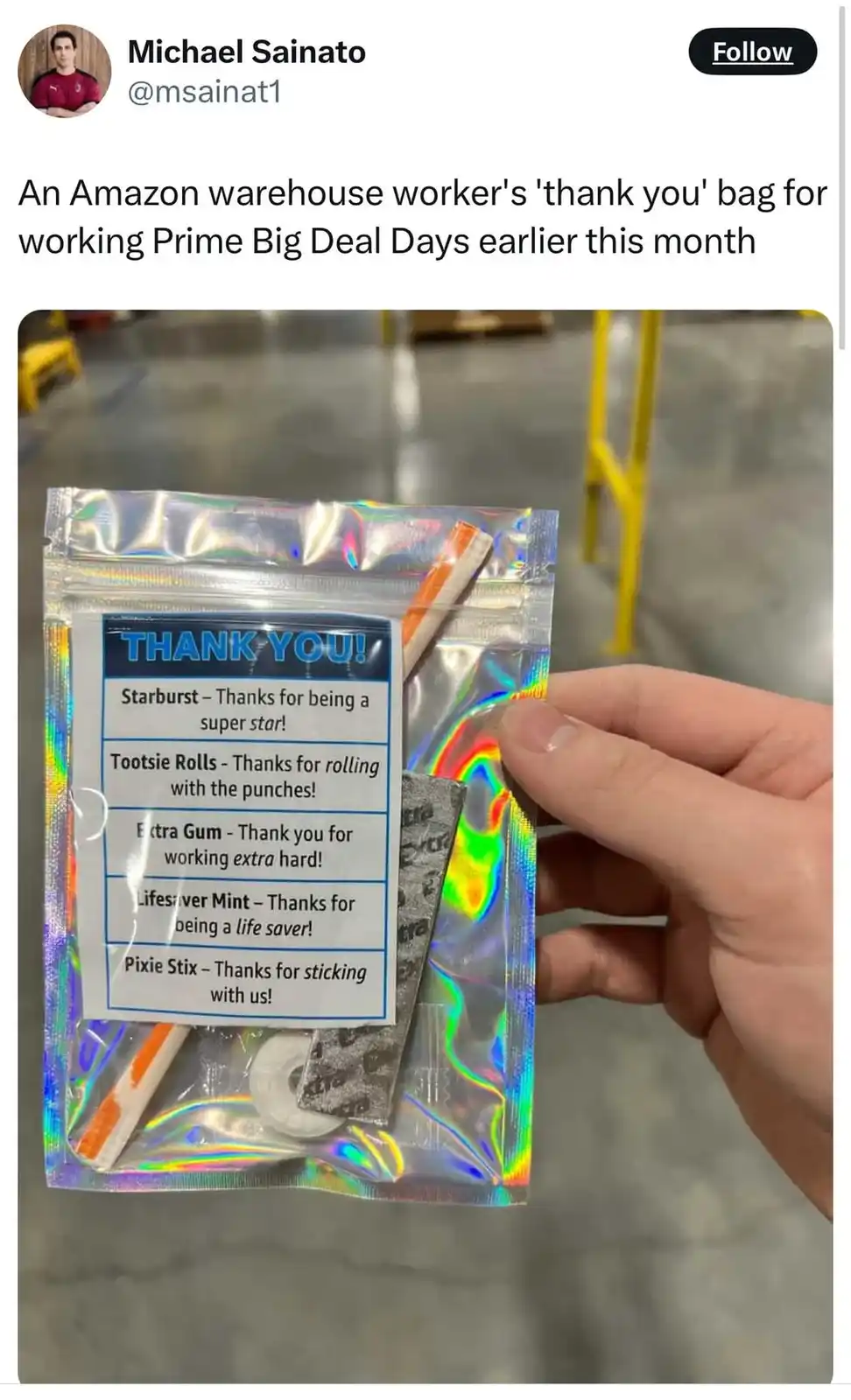 A hand holds a holographic bag containing candy and gum, with a label listing each item with a punny thank-you message. The…