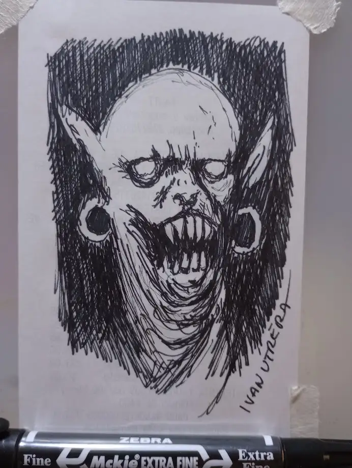 A black-and-white ink sketch of a grotesque, demonic-looking creature with pointed ears, large hoop earrings, and a wide…