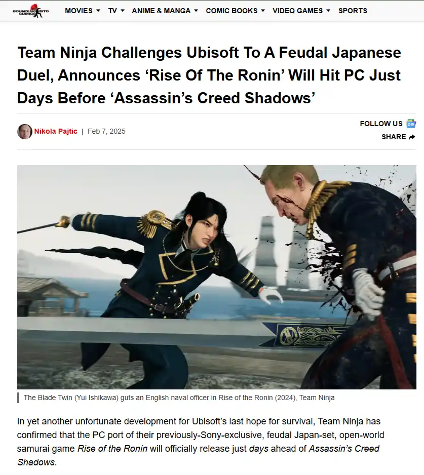 A screenshot from a news article shows two characters in a video game, one wielding a sword and the other bleeding, with the…