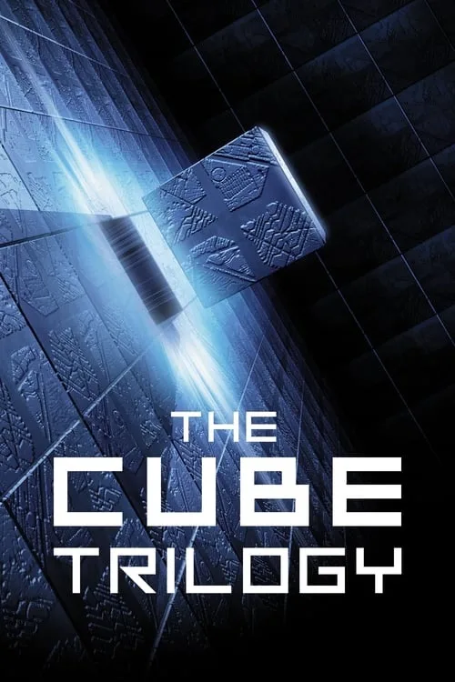 A dark, sci-fi movie poster featuring a glowing blue cube floating in a tiled, geometric chamber with bright light beams…