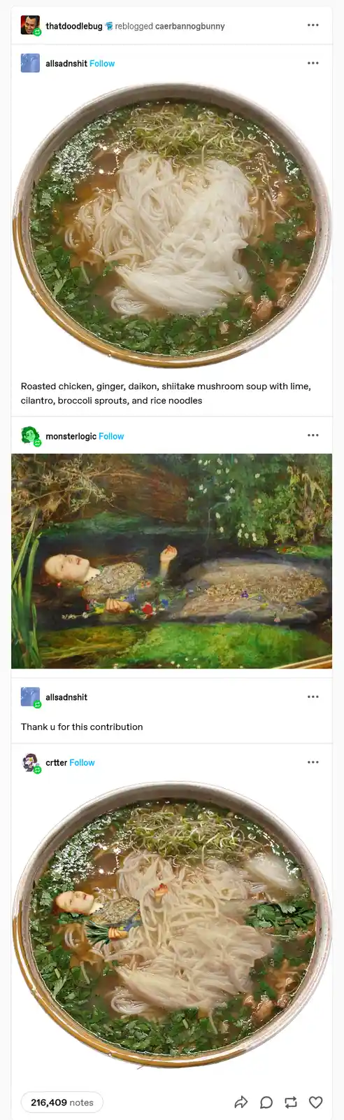 The image shows a social media post with three pictures: the first is a bowl of noodle soup with ingredients listed; the…