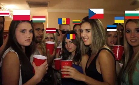 A group of people at a party, many holding red plastic cups, with national flags digitally placed above their heads. The…