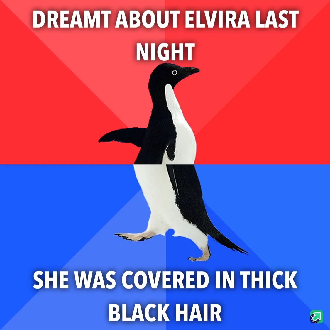 A penguin stands centered against a red and blue background, with white text overlaid in two sections. The top text reads…