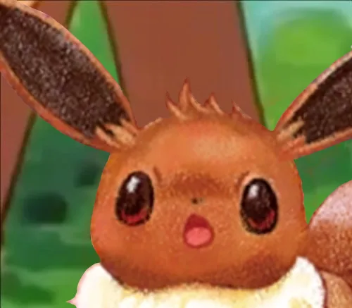 A close-up of the Pokémon Eevee with wide, teary eyes and an open mouth, conveying a look of exaggerated sadness or being…