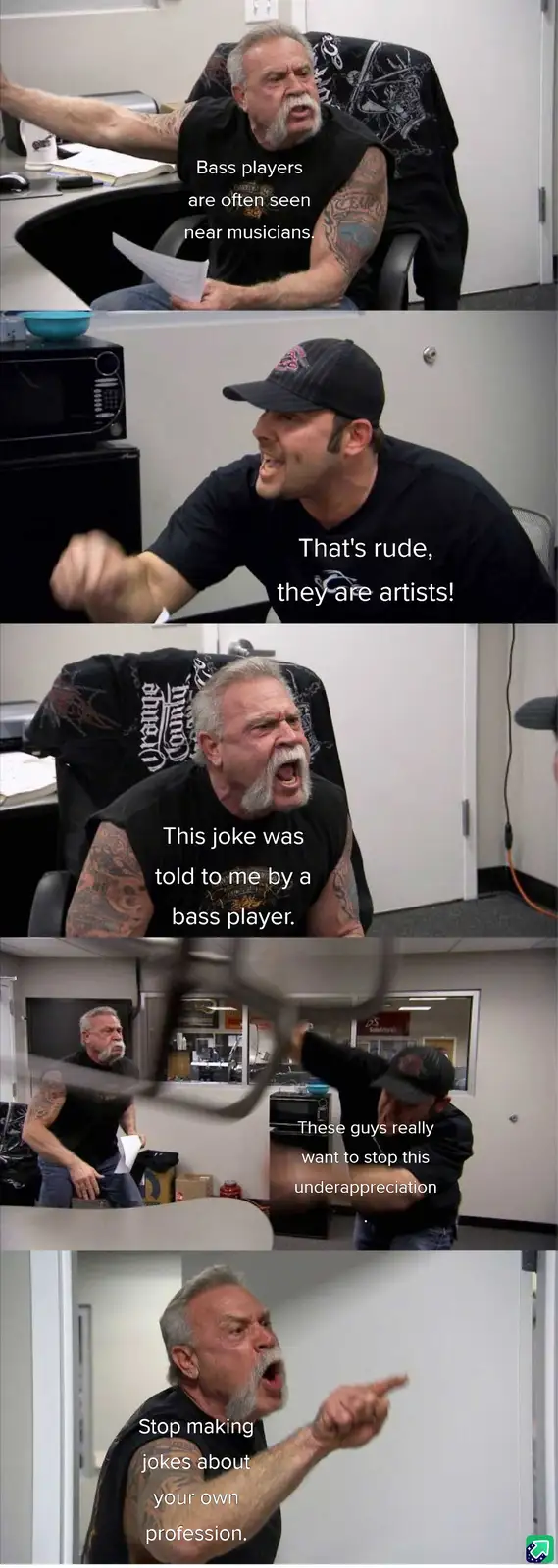 A five-panel meme featuring a man with a white beard and tattoos reacting to a joke about bass players. He starts by stating…
