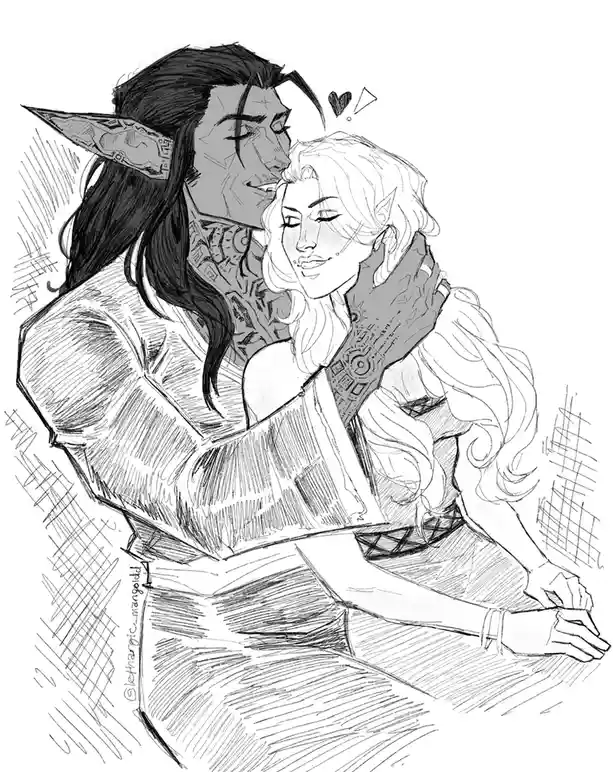 A black-and-white sketch shows two fantasy characters, one with dark hair and pointed ears embracing a blonde-haired…
