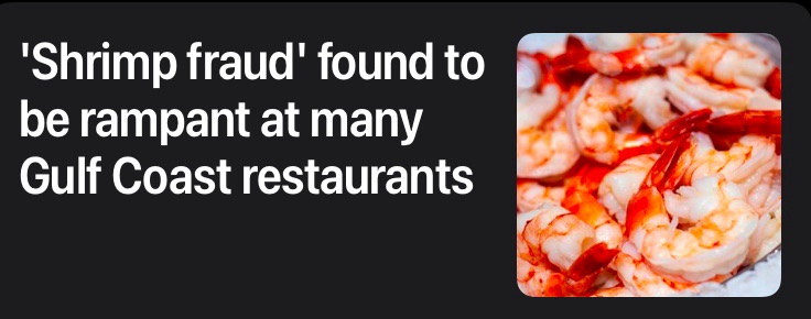 A close-up photo of cooked shrimp with red shells and white flesh, overlaid with bold white text on a black background that…