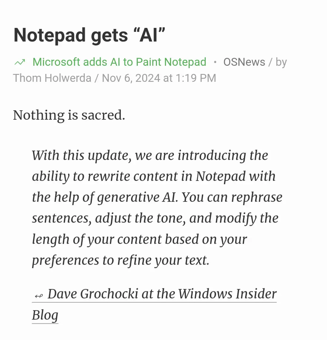 The image displays a screenshot of a news article from OSNews dated November 6, 2024, announcing that Microsoft is adding AI…