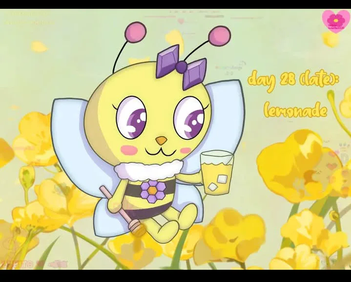 A cute, cartoonish yellow bee with purple eyes, a purple bow, and light blue wings holds a glass of lemonade while sitting…