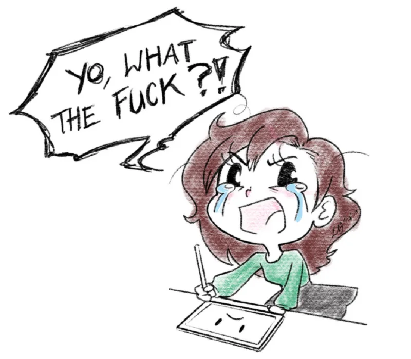 A cartoon girl with brown hair, wearing a green shirt, is sitting at a desk crying while holding a pen. She has tears…