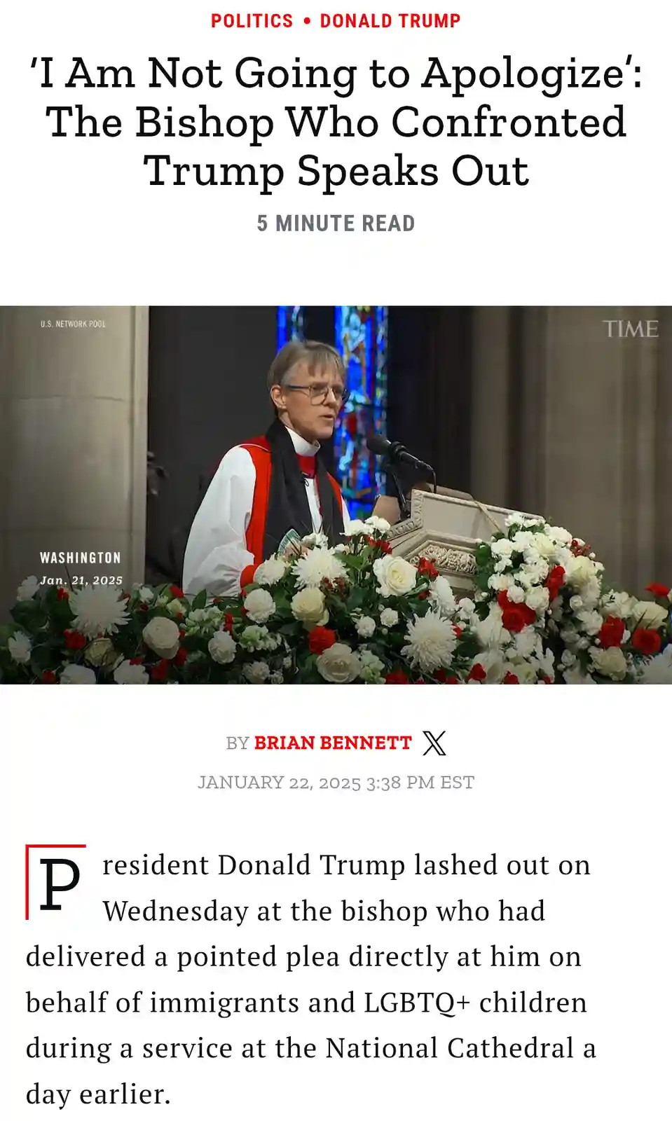 A screenshot of a TIME magazine article shows a woman in clerical robes speaking at a floral-adorned pulpit in a cathedral…