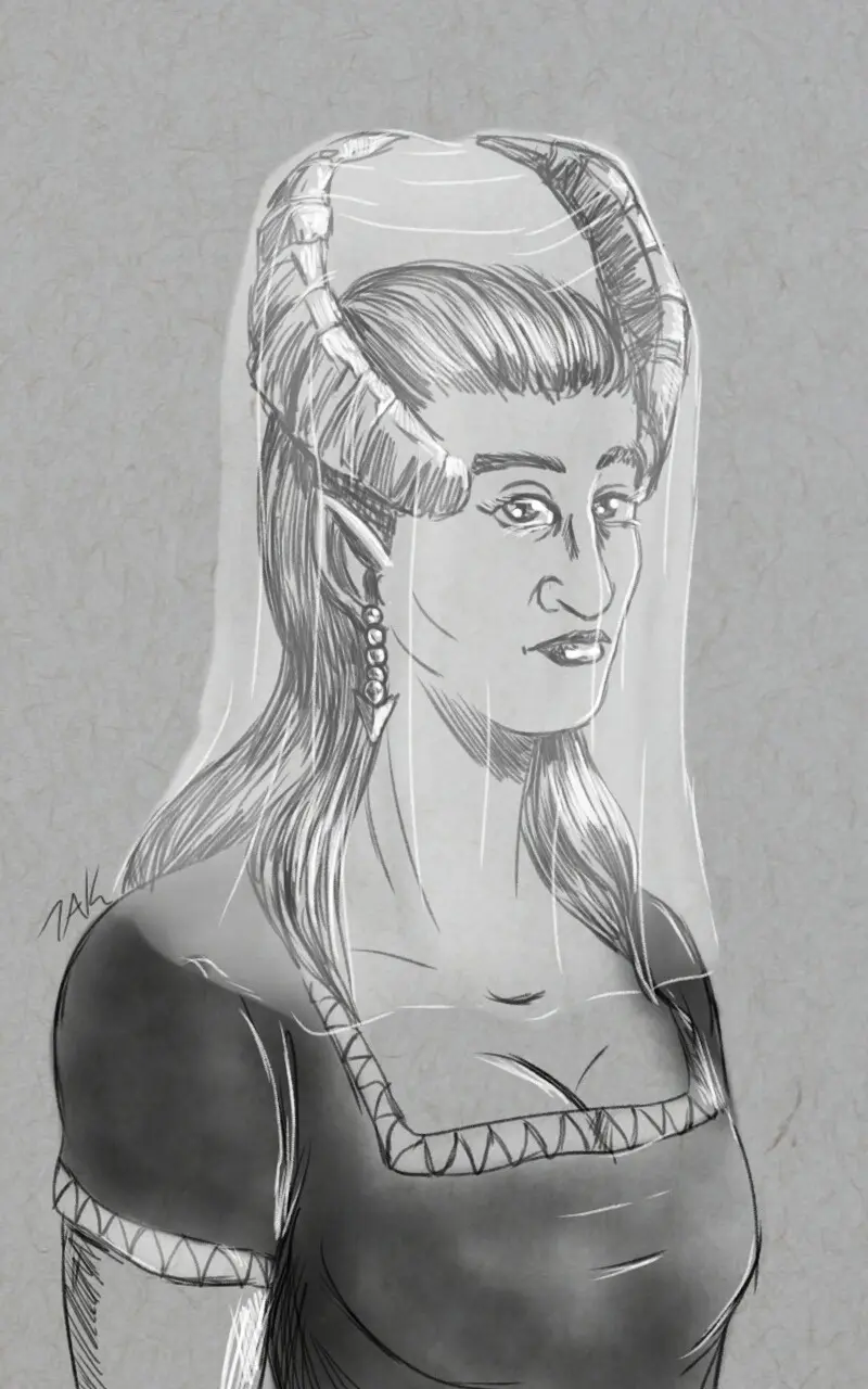 A grayscale sketch of a woman with long hair, pointed ears, and prominent horns, wearing a veil and a detailed dress. The…
