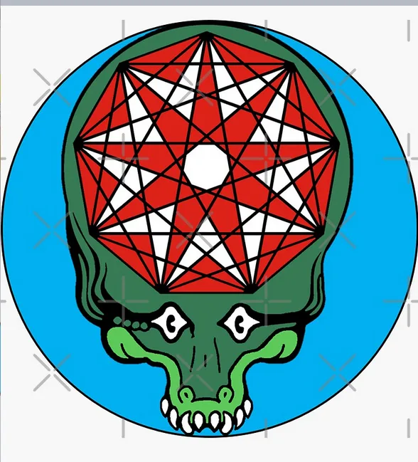 a green skull with a blue circular background, its head replaced by a red and white geometric star pattern. the skull has…