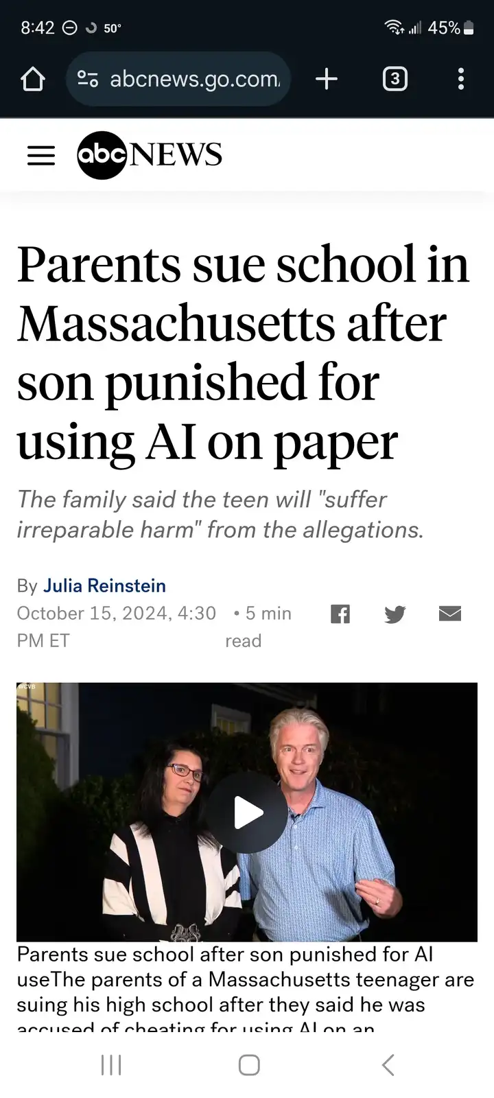 A screenshot of an ABC News article headline about parents suing a Massachusetts school after their son was punished for…