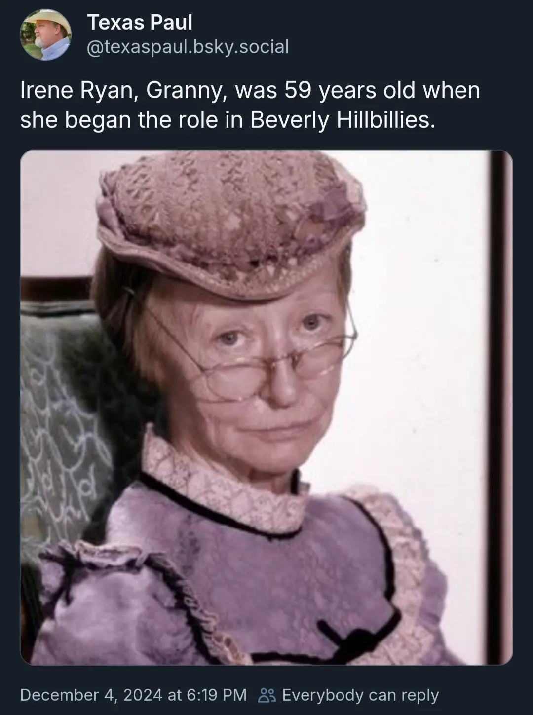 A still image of actress Irene Ryan as her character Granny from the TV show Beverly Hillbillies, wearing a purple…