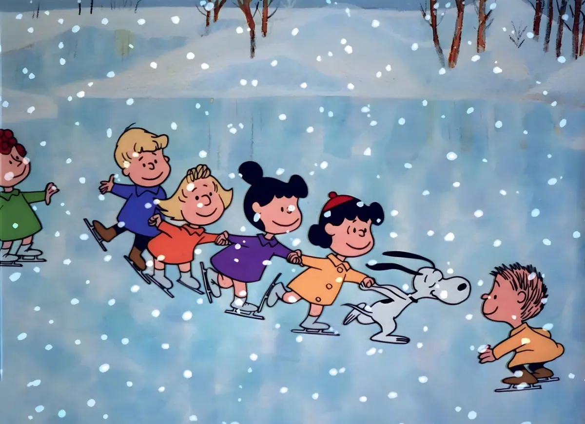 a snowy scene from the peanuts cartoon shows a line of children and snoopy ice skating together, holding hands, while…