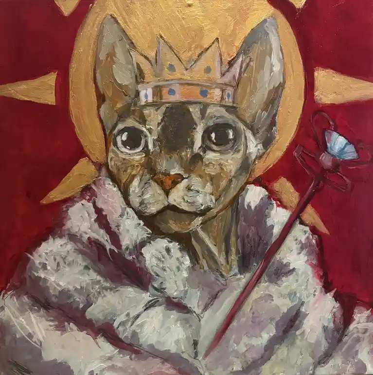 An oil painting depicts a French bulldog with large, expressive eyes, wearing a golden crown and a white fur-trimmed robe…