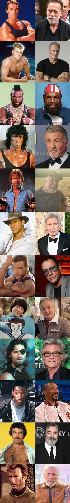 A vertical grid of 16 side-by-side photos showing famous actors in their youth on the left and their older selves on the…