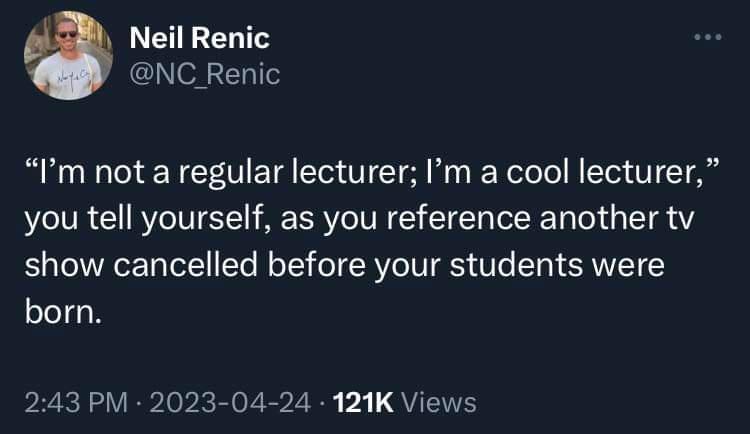A screenshot of a tweet by Neil Renic (@NC_Renic) showing white text on a dark background. The text reads: “I’m not a…