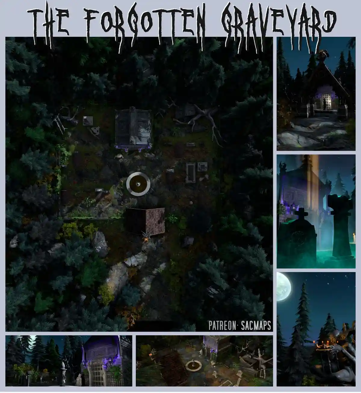 A collage of six images showcasing a dark, atmospheric graveyard setting with tombstones, a mausoleum, a fountain, and eerie…