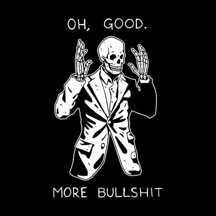 A black-and-white illustration of a skeleton wearing a suit and raising both hands in a gesture of exasperation or…