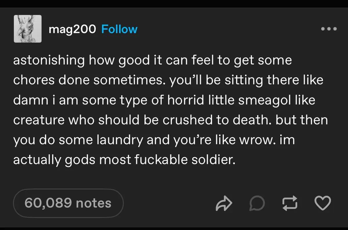 A screenshot of a Tumblr post by user 'mag200' with white text on a dark background. The text humorously describes the…