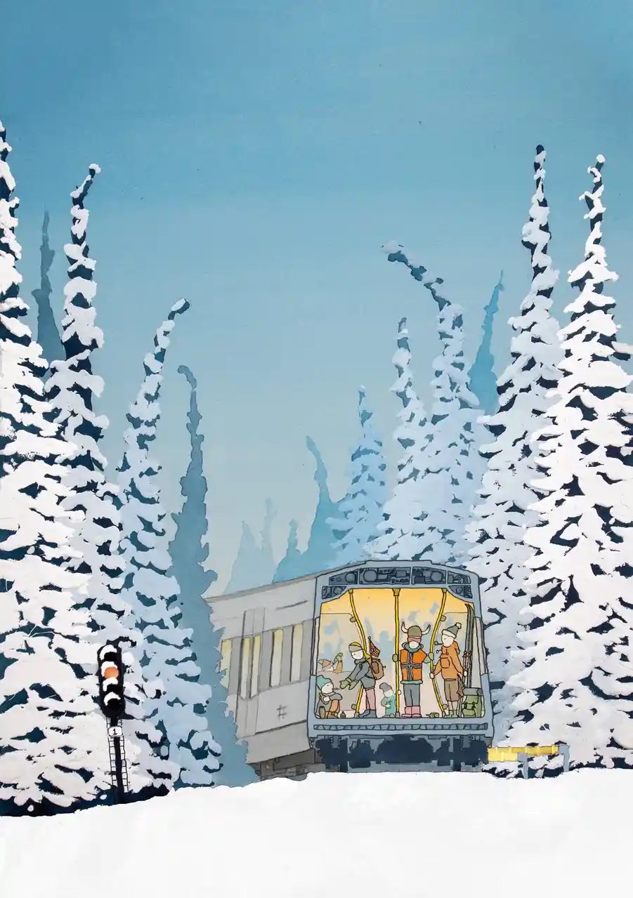A watercolor illustration shows a train emerging from a snowy forest, its front car brightly lit and filled with passengers…