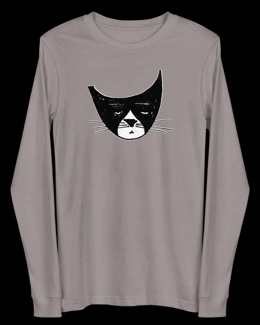 A gray long-sleeved t-shirt displays a black-and-white minimalist illustration of a cat's face with a grumpy, tired…