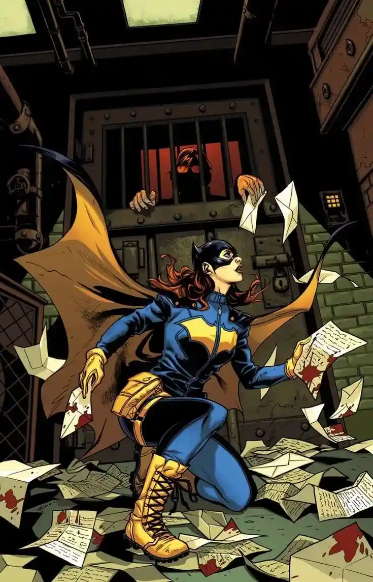 A comic book illustration shows Batwoman in her blue and yellow costume, kneeling amidst a pile of scattered, blood-stained…
