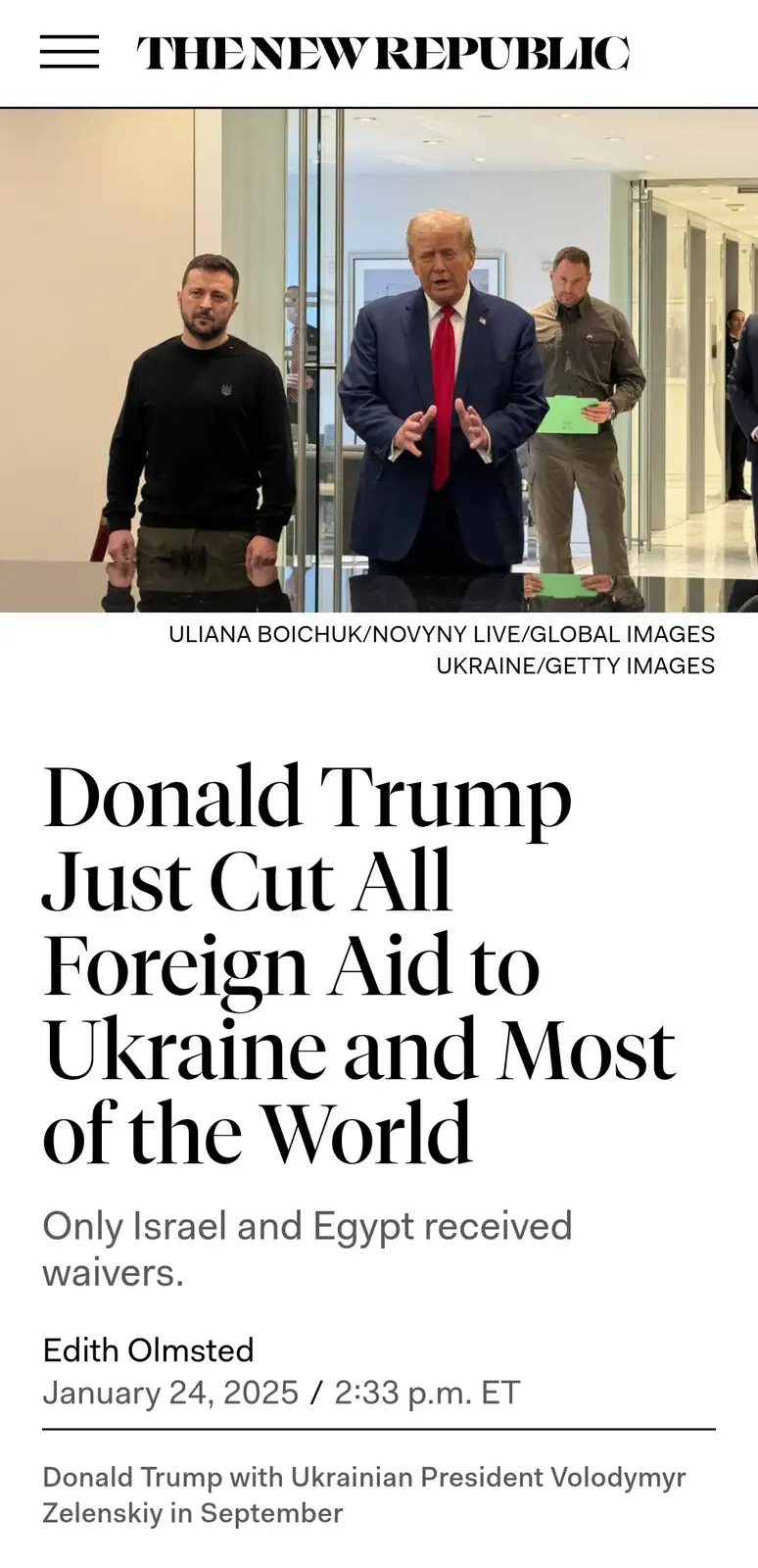 The image shows a newspaper article from 'THE NEW REPUBLIC' with a photo of Donald Trump and Volodymyr Zelenskiy. The…