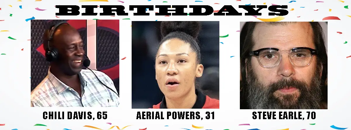 A celebratory birthday meme featuring three people: Chili Davis (65) smiling while wearing headphones, Aerial Powers (31) in…