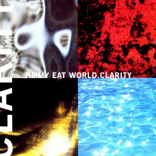 The image is the album cover for 'Clarity' by Jimmy Eat World, divided into four quadrants: top-left shows a blurry white…