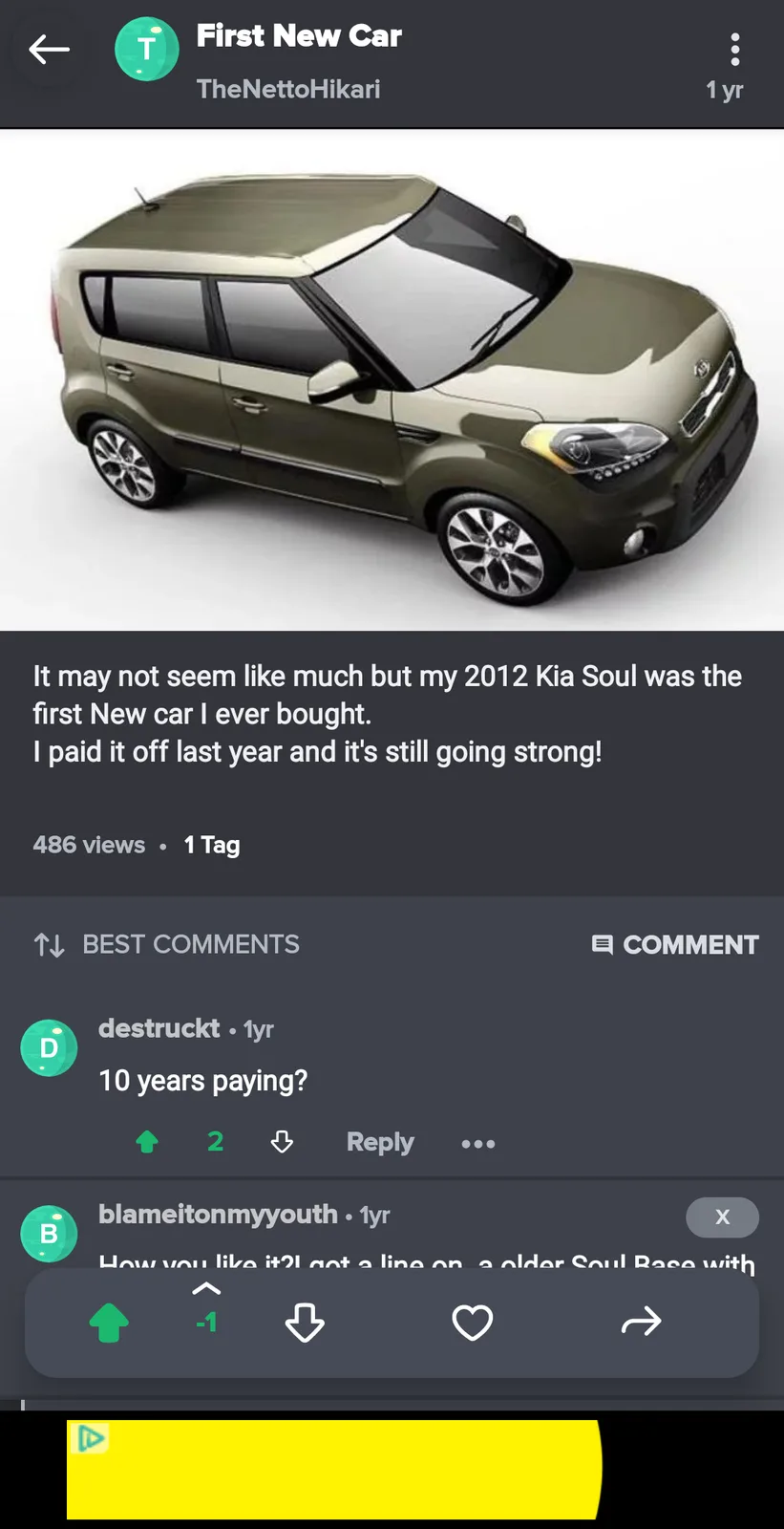 A screenshot of a social media post showing a 2012 olive green Kia Soul. The post's caption claims it's the poster's first…