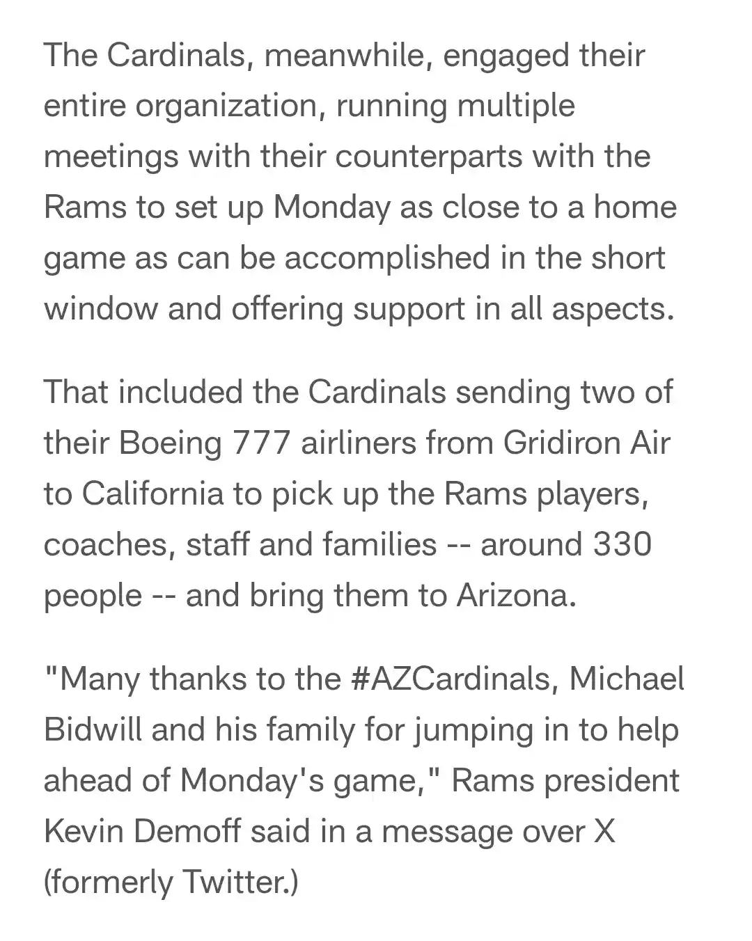 The image displays a block of text from a news article detailing how the Arizona Cardinals organized an extensive logistical…