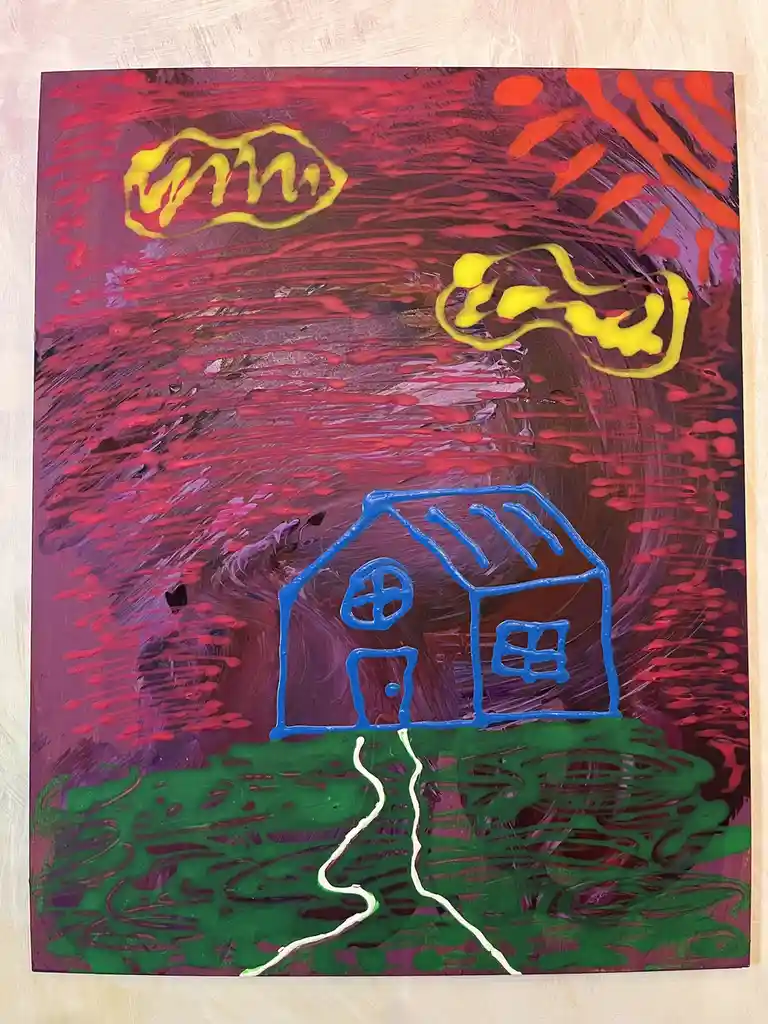 A childlike painting shows a simple blue house outline on green ground with a white path, set against a chaotic red and…