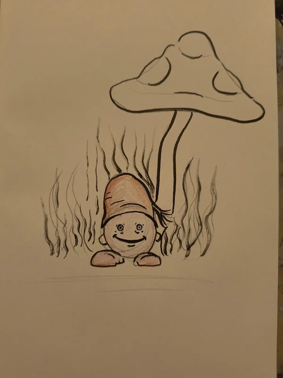 A hand-drawn cartoon depicts a smiling, round-faced gnome with a brown hat and simple limbs, peeking up from behind tall…