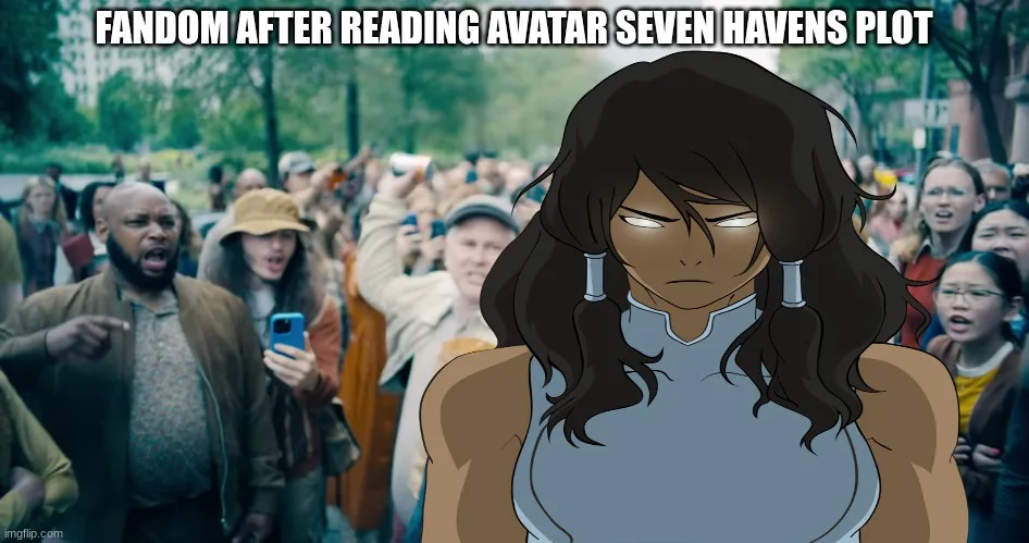 An anime character with a stern, unimpressed expression is superimposed over a crowd of people looking shocked or excited…