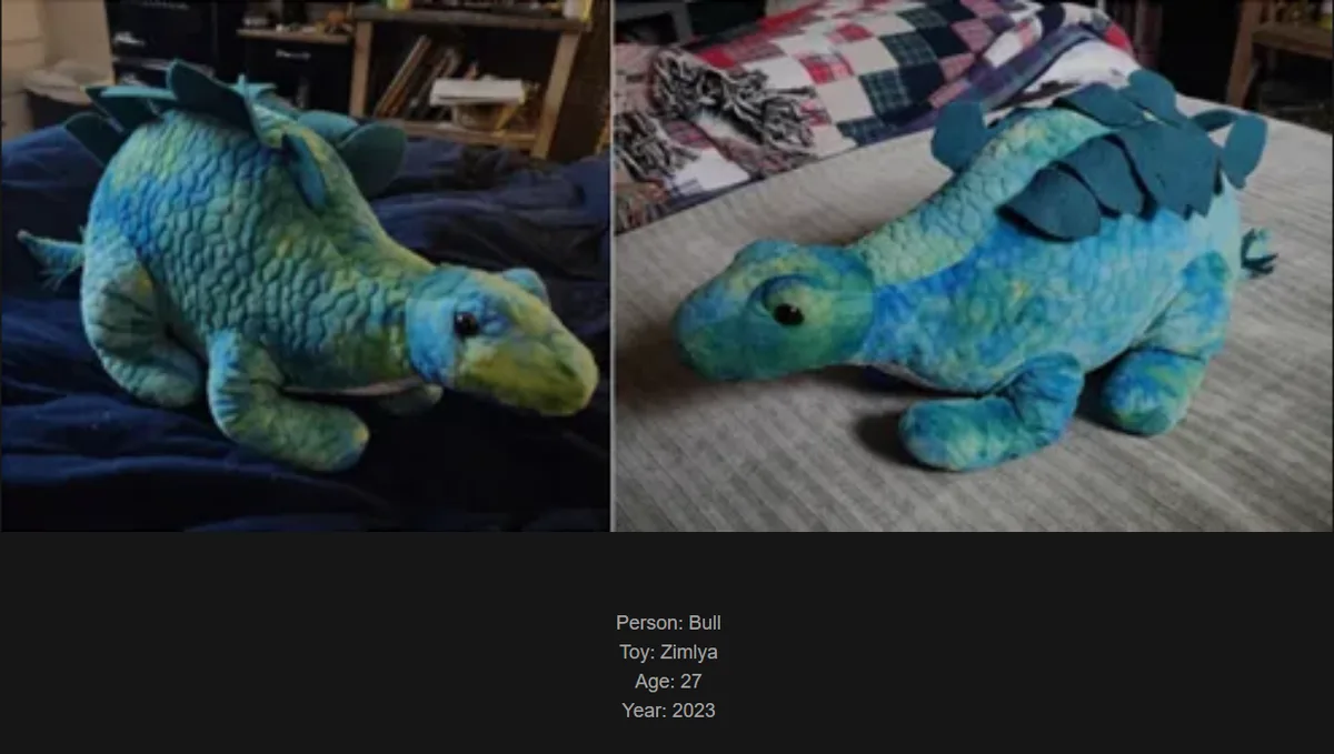 The image displays a split-screen of a blue-green plush stegosaurus toy, shown from two slightly different angles on a bed…