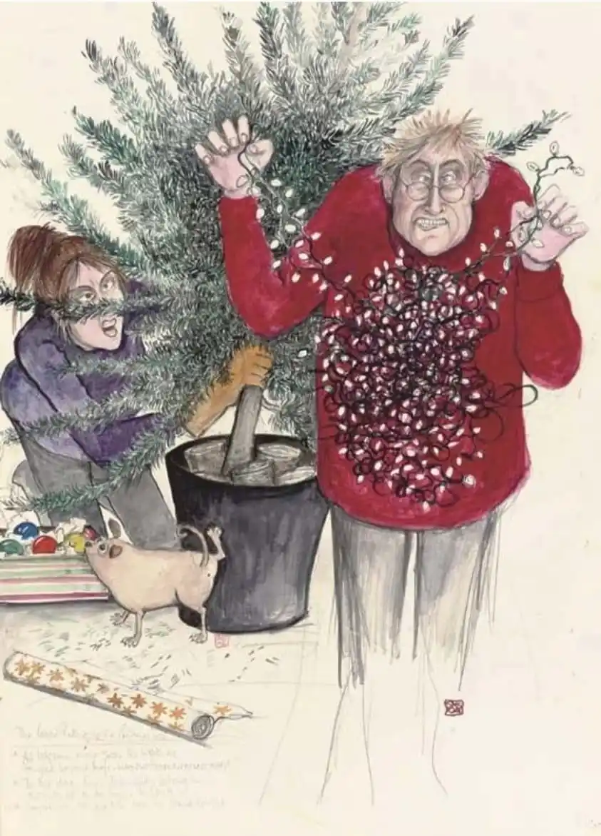 A couple joyfully decorating their Christmas tree with a little help from their furry friend.