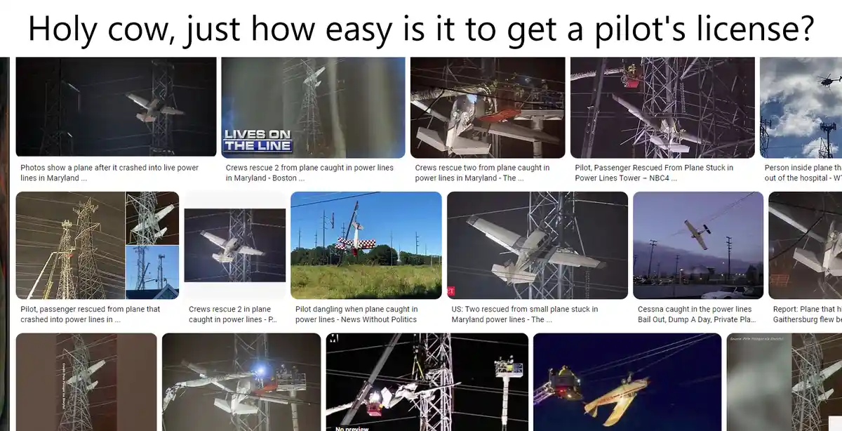 The image displays a collage of news headlines and photos showing small planes crashed into or stuck in power line towers…