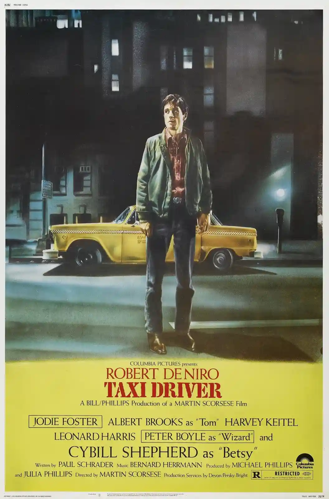 This is a movie poster for 'Taxi Driver' featuring Robert De Niro standing in front of a yellow taxi at night. The poster…