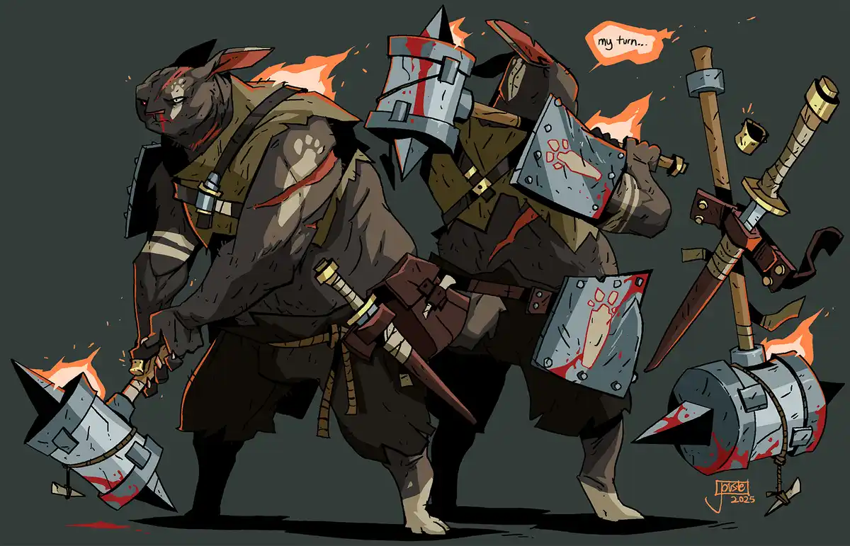 Two anthropomorphic rabbit-like warriors in dark, blood-stained armor stand ready with spiked maces and shields. One holds a…