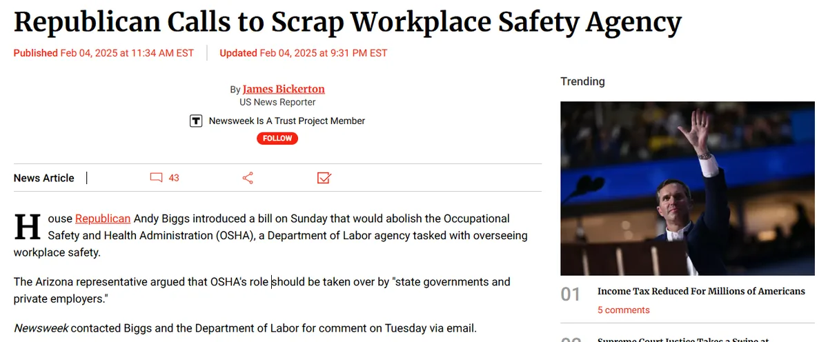 A screenshot of a Newsweek article titled 'Republican Calls to Scrap Workplace Safety Agency,' published February 4, 2025…