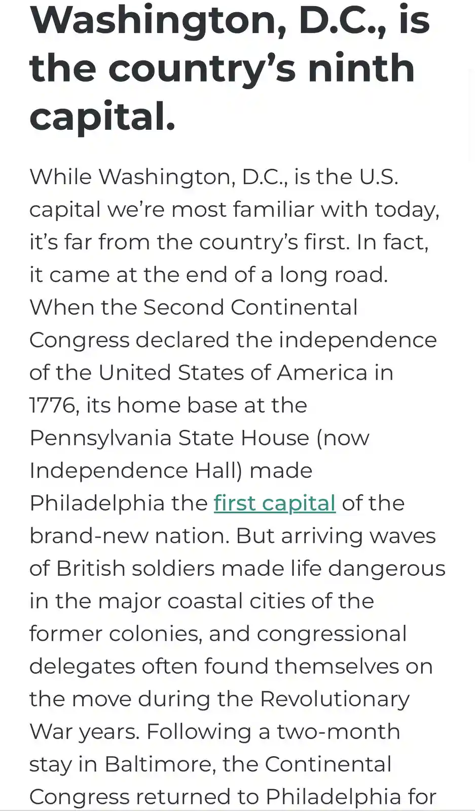 The image displays a snippet of text from an article explaining U.S. capital history. The headline reads 'Washington, D.C…