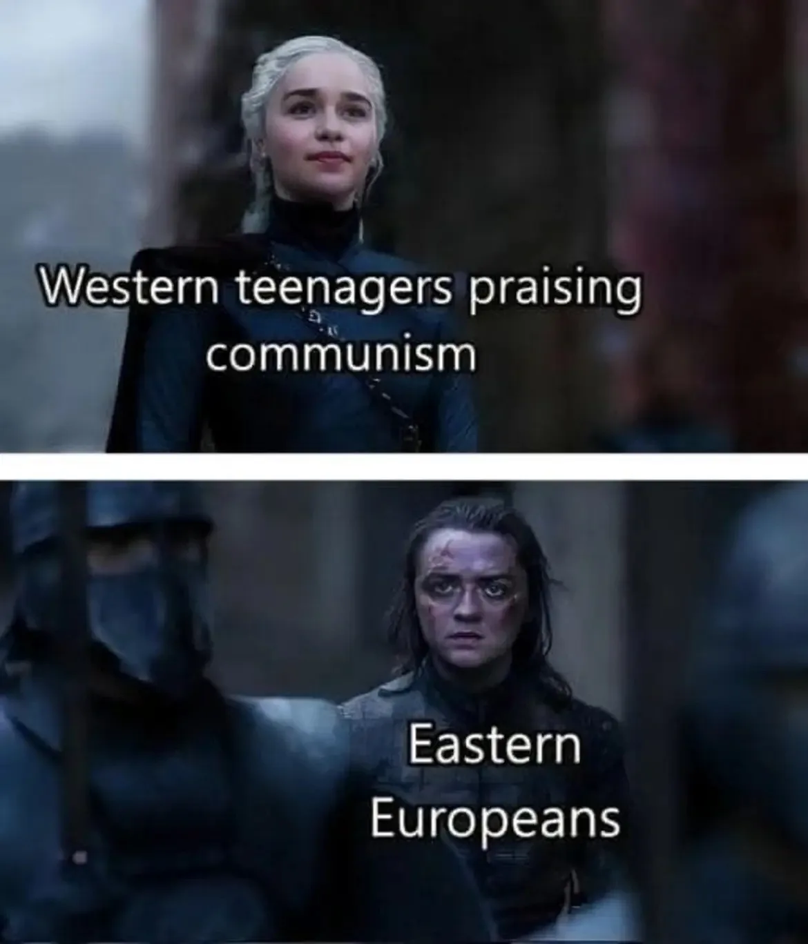 The top panel shows Daenerys Targaryen from Game of Thrones with a calm, slightly smug expression, overlaid with the text…