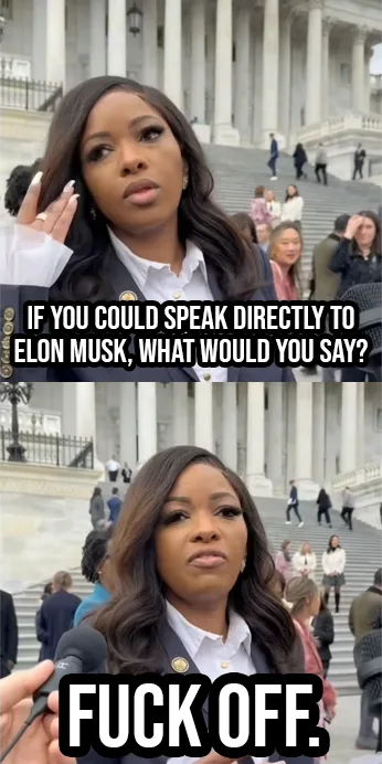 A two-panel meme featuring a Black woman in a suit standing outdoors on grand stone steps. In the top panel, she looks…