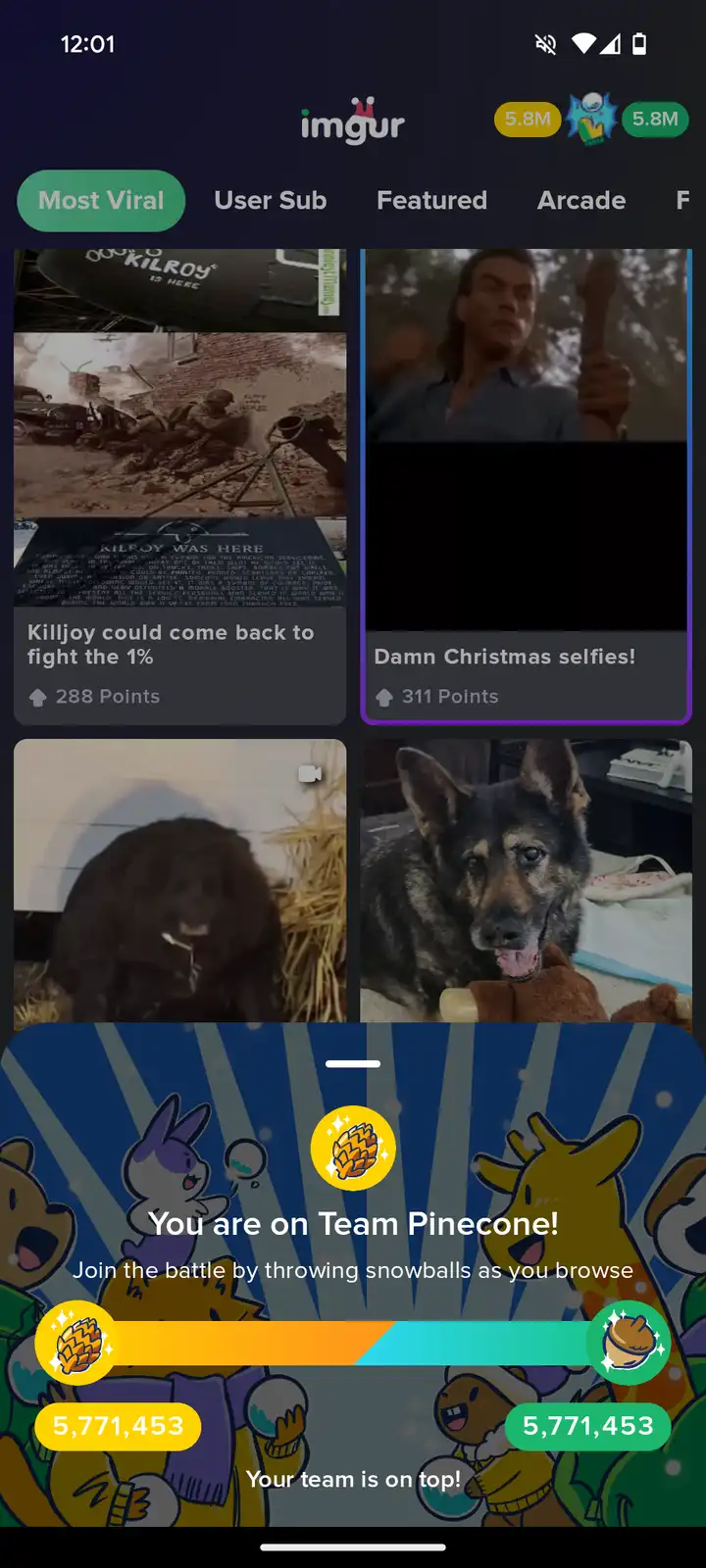 The image shows the Imgur app interface with a 'Most Viral' section displaying various thumbnails, including one with a…