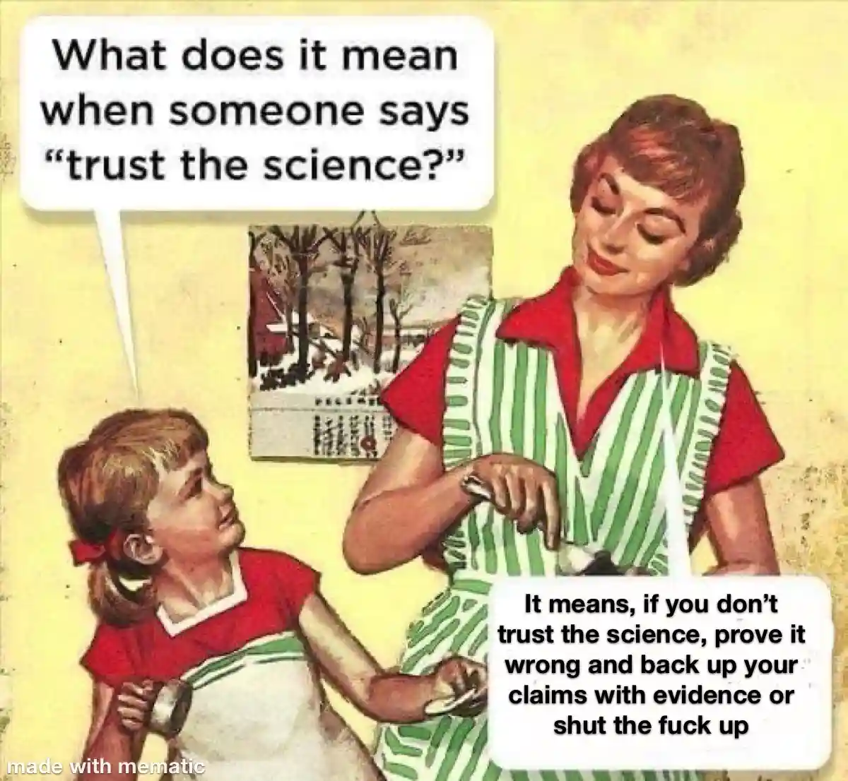A vintage-style illustration shows a young girl asking her mother, who is wearing a green and white striped apron over a red…
