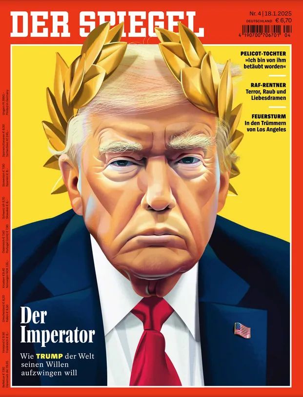 The image is the cover of German magazine Der Spiegel, issue 4/2025, featuring a caricature of Donald Trump with a golden…