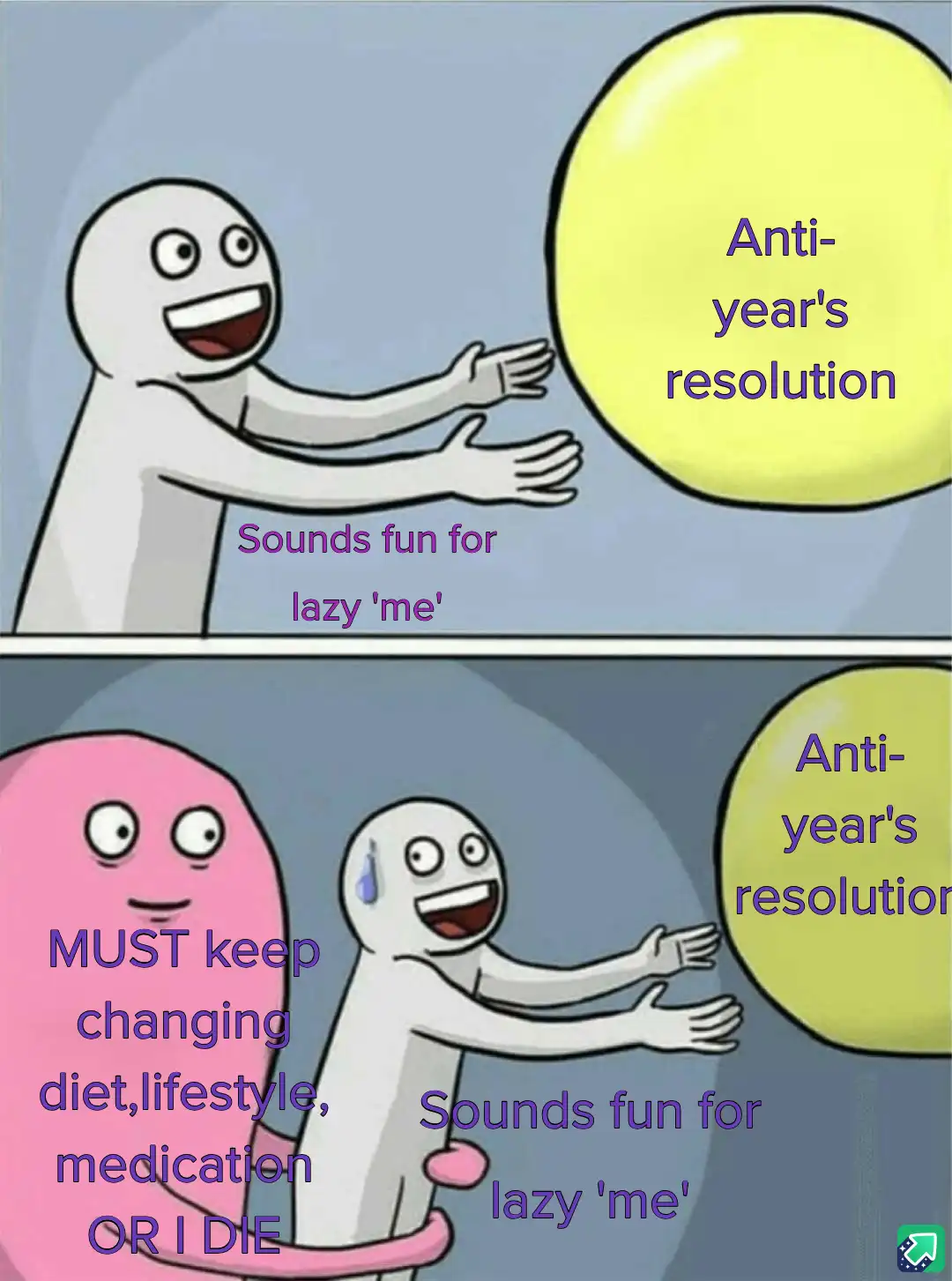 The image shows a two-panel meme featuring a white stick figure character. In the top panel, the figure happily reaches…